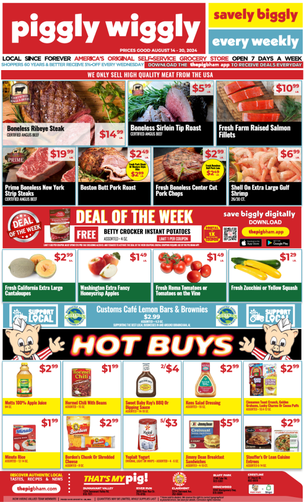 Piggly Wiggly weekly ad featuring discounted meats, seafood, produce, and grocery items for August 14-20, 2024.